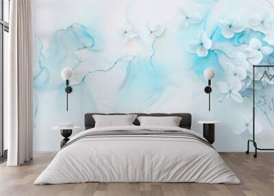 Creative image of pastel blue Hydrangea flowers on artistic ink background. Top view with copy space Wall mural