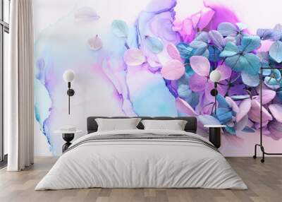 Creative image of pink and turquoise Hydrangea flowers on artistic ink background. Top view with copy space Wall mural