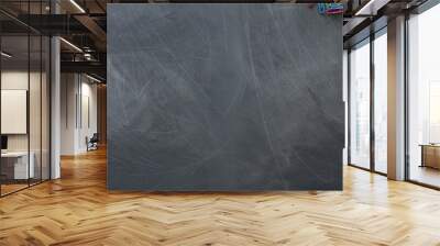 education and back to school concept. stationery and bus over classroom blackboard. top view, flat lay Wall mural