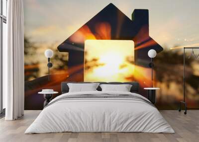 Image of vintage house in the grass, garden or park at sunset light. Wall mural