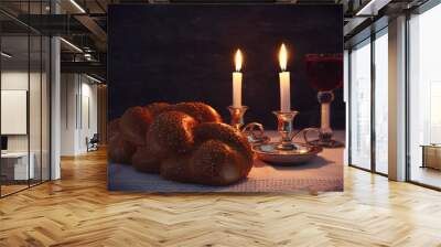 low key shabbat image. challah bread, shabbat wine and candles Wall mural