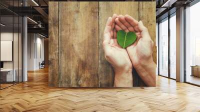 man hand holding Heart Shape Green Leaf, Earth day concept. giving and health concpet. Wall mural