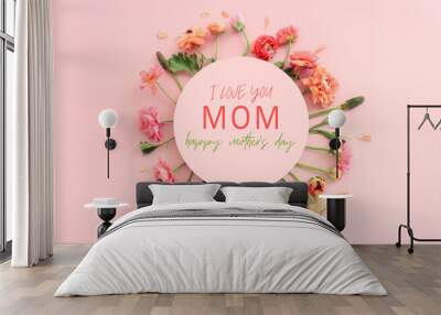 mother's day concept with pink flowers over pastel background Wall mural