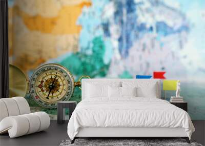 pins attached to map, showing location or travel destination . retro style image. selective focus Wall mural