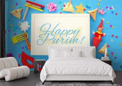 Purim celebration concept (jewish carnival holiday). Top view. Wall mural