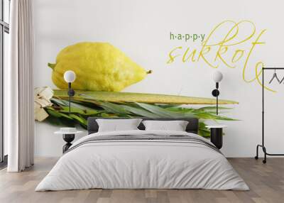 religion image of Jewish festival of Sukkot. Traditional symbols (The four species): Etrog, lulav, hadas, arava. white background Wall mural