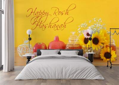 religion image of Rosh hashanah (jewish New Year holiday) concept. Traditional symbols Wall mural