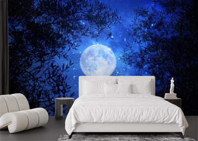 Surreal fantasy concept - full moon with stars glitter in night skies background. Wall mural