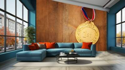 top view image of medal gold over wooden textured table. Wall mural