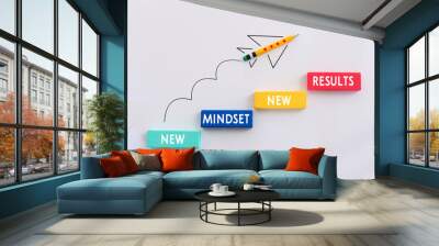 top view image of pencils with puzzle and the text new mindset. success and personal development concept Wall mural