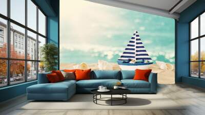 vintage wooden boat over beach sand and sea landscape background Wall mural