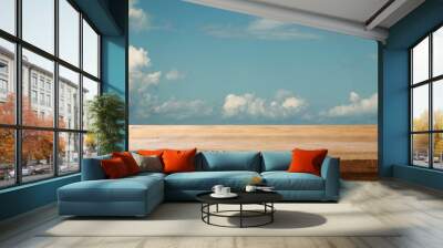 wood board table in front of blue sky. product display background Wall mural