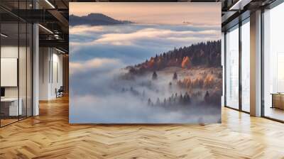 Misty autumn mountains landscape in the morning, Poland, Beskidy mountains Wall mural