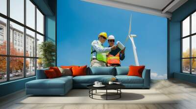 Male Engineer or technician at Work wind turbine station,wind enegy concept Wall mural