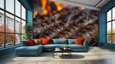 cevapi meat patties on a grill with smoke and fire effects Wall mural