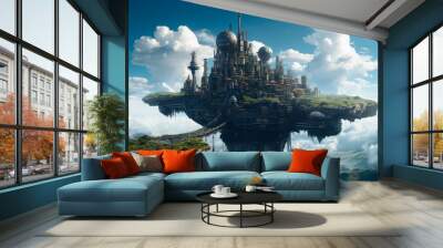 flying dieselpunk city island Wall mural