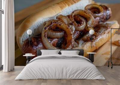 grilled sausage hotdog with seared onion rings  served on a wooden cutting board. generative ai Wall mural