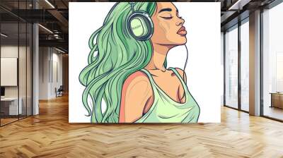 latina girl with green hair wearing headphones . Clipart PNG image . Transparent background . Cartoon vector style Wall mural