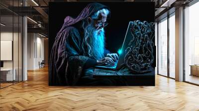 old fictional wizard using a laptop computer Wall mural