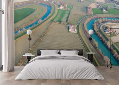 Aerial photo of a vineyard field with wine and river. Motta di Livenza, bright and spring colours. Wall mural