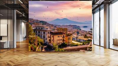 beautiful view of naples city with mount vesuvius at sunset Wall mural