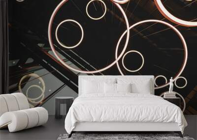 Light ring fixtures hanging from the building ceiling, dark architectural concept photo Wall mural