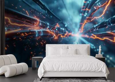 Abstract glowing network of fiber optic cables Wall mural