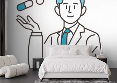 Vector illustration of a male pharmacist in a white coat smiling as he guides a pharmaceutical product onto his palm. Wall mural