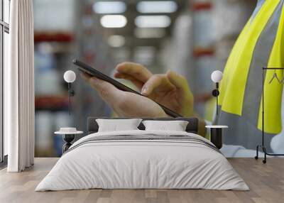 Close up of warehouse worker using mobile phone at workplace Wall mural