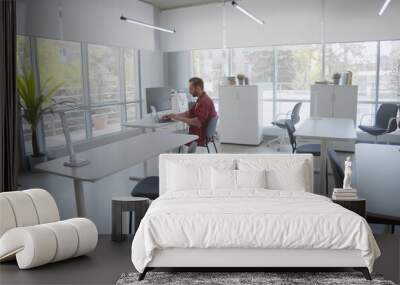 Young man working alone in empty office Wall mural