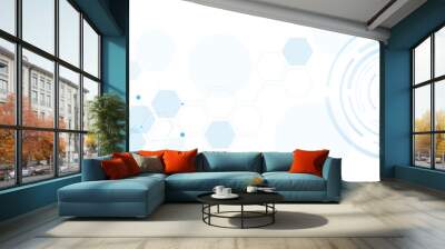 Geometric abstract background with blue hexagons and circular. Structure molecule and communication. Science, technology and medical concept. Vector illustration Wall mural