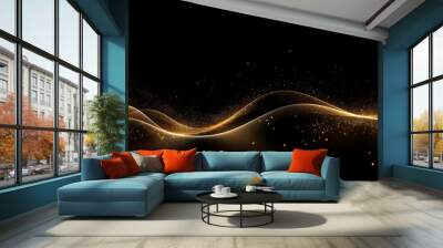 Modern gold wave line smooth and particle abstract on black background Wall mural