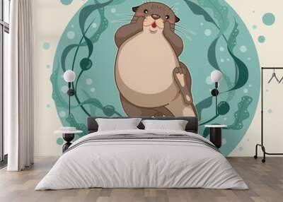 sea otter floating on water with kelp forest vector illustration Wall mural