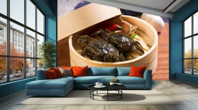 Two Fresh Hairy Crabs In A Steamer, gourmet, asian food, steamer Wall mural