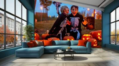 Two boys in the park with Halloween costumes, carved pumpkins with candles and decoration. Wall mural