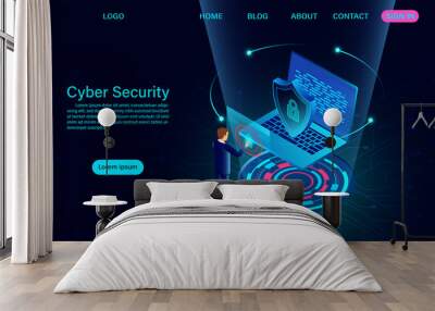 Cyber security concept banner. protect data and confidentiality and data privacy protection concept with icon of a shield and mobile. flat isometric vector illustration Wall mural