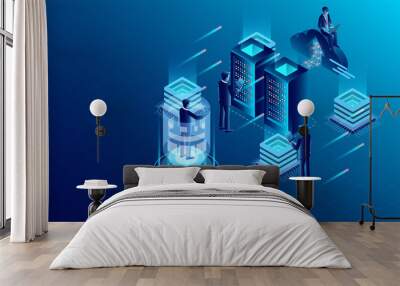 Datacenter server room cloud storage technology and big data processing Protecting data security concept. digital information. isometric. dark neon vector Wall mural