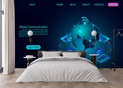 Global communication Internet network around the planet. wireless technology telecommunication concept. Isometric flat design vector illustration Wall mural