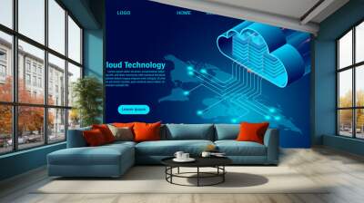 World cloud technology concept. online computing technology. big data flow processing concept on map. isometric flat design vector illustration Wall mural