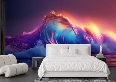 A wave in the ocean is illuminated by a pink and blue neon light. Wall mural