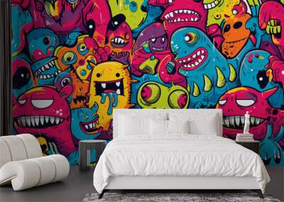 Abstract graffiti cartoon monsters, ghosts and strange beings. Hand drawn doodle pattern Wall mural