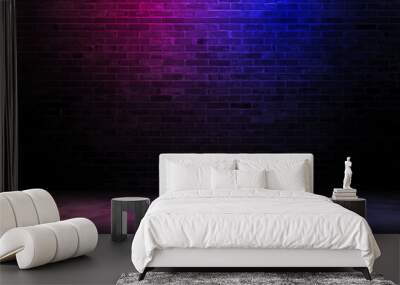 Black brick wall background rough concrete with neon lights and glowing lights. Lighting effect pink and blue on empty brick wall background Wall mural