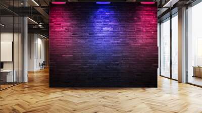 Black brick wall background rough concrete with neon lights and glowing lights. Lighting effect pink and blue on empty brick wall background Wall mural