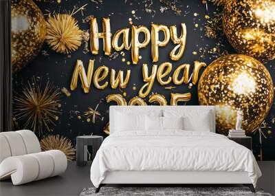 Gold Happy New Year 2025 message balloons on a black background with decoration party. symbolizes the start of the new year. Wall mural