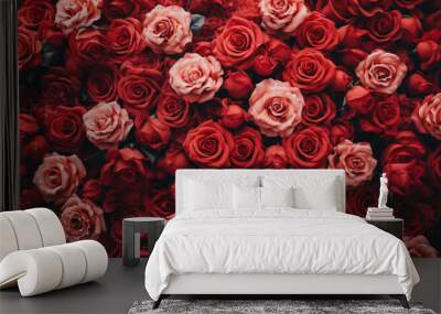 Natural fresh red roses flowers pattern wallpaper. top view, Red rose flower wall background.  Wall mural