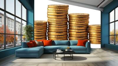 Piles money gold coins of gleaming with isolated against transparent background.  Wall mural