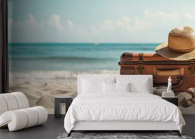 Suitcase and accessories for travel vacation on the sand. Wall mural