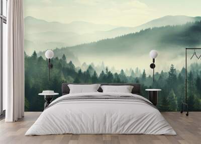 The landscape of pine forests on the mountains is interspersed with morning mist. natural background concept Wall mural