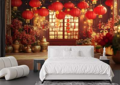 3D rendering of a Chinese New Year celebration scene with lanterns and festive decorations Wall mural