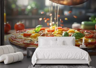 A 3D illustration of a pizza being topped with fresh vibrant ingredients Wall mural